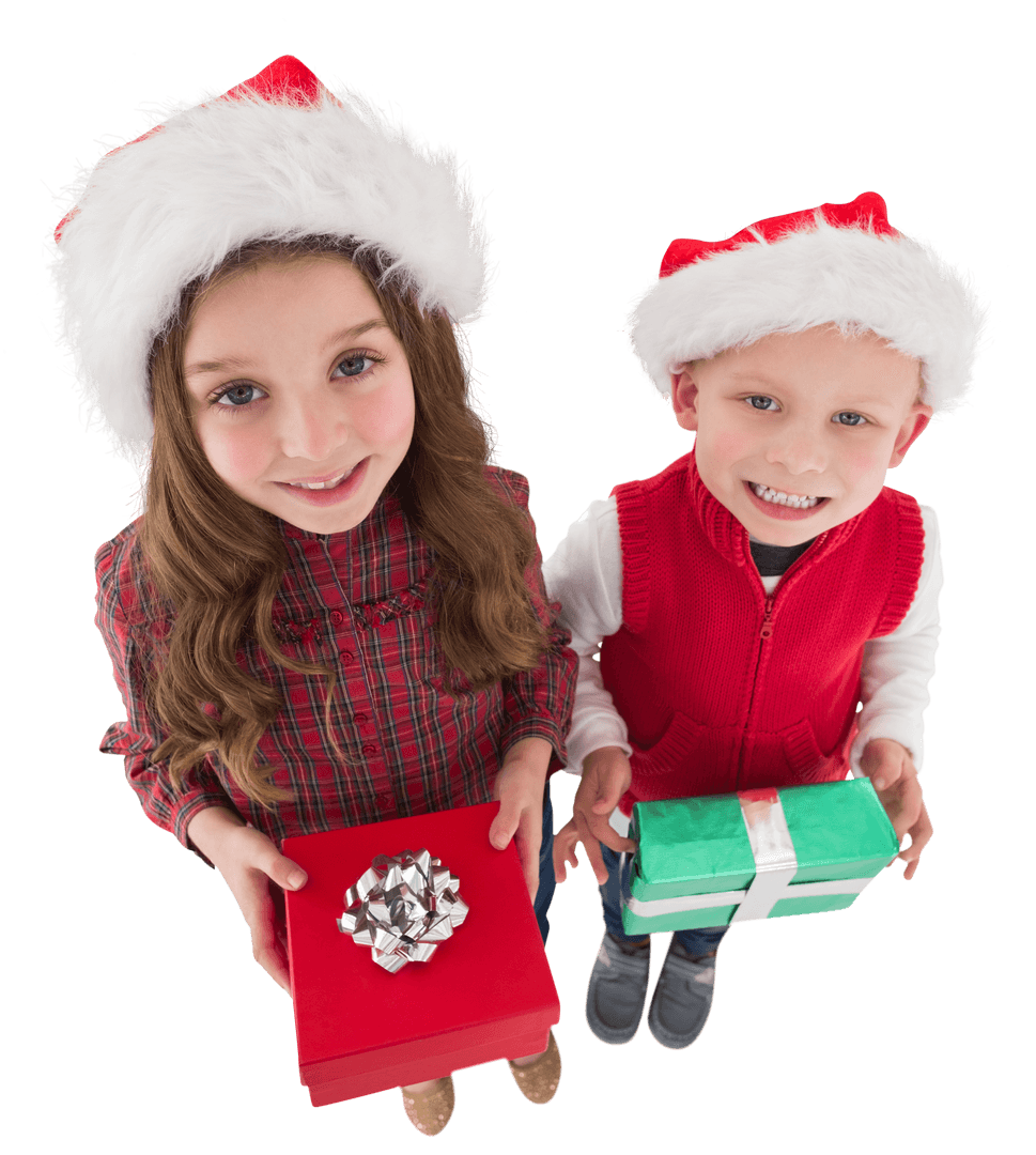 Smiling Children in Santa Hats with Christmas Presents on Transparent Background