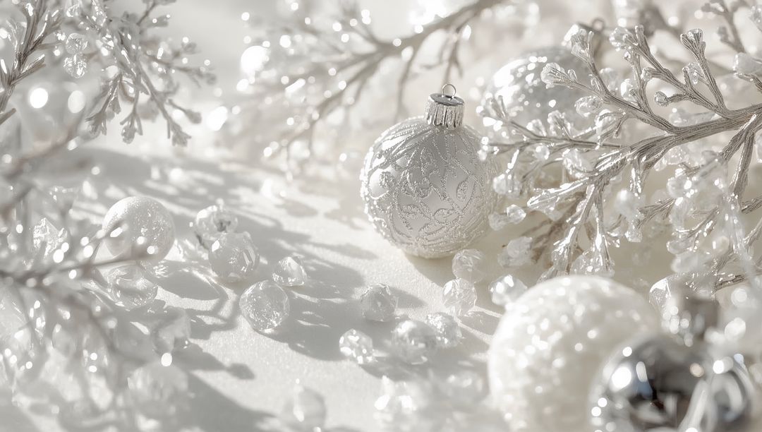White baubles and frosted branches glittering with crystal beads, minimalist pale backdrop
