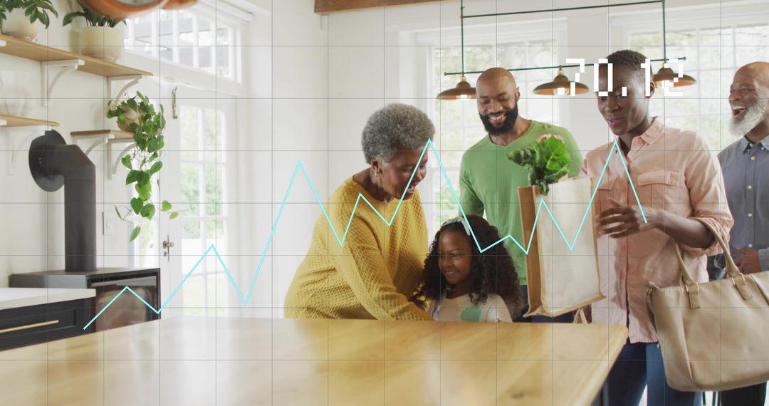Multigenerational family gathering in sunny kitchen leaning on island with groceries