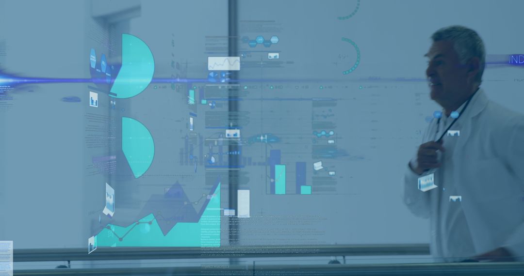 Doctor Running with Financial Graphs Overlay in Hospital Environment