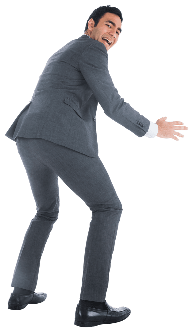 Smiling Asian Businessman Leaning with Open Hands Transparent Background