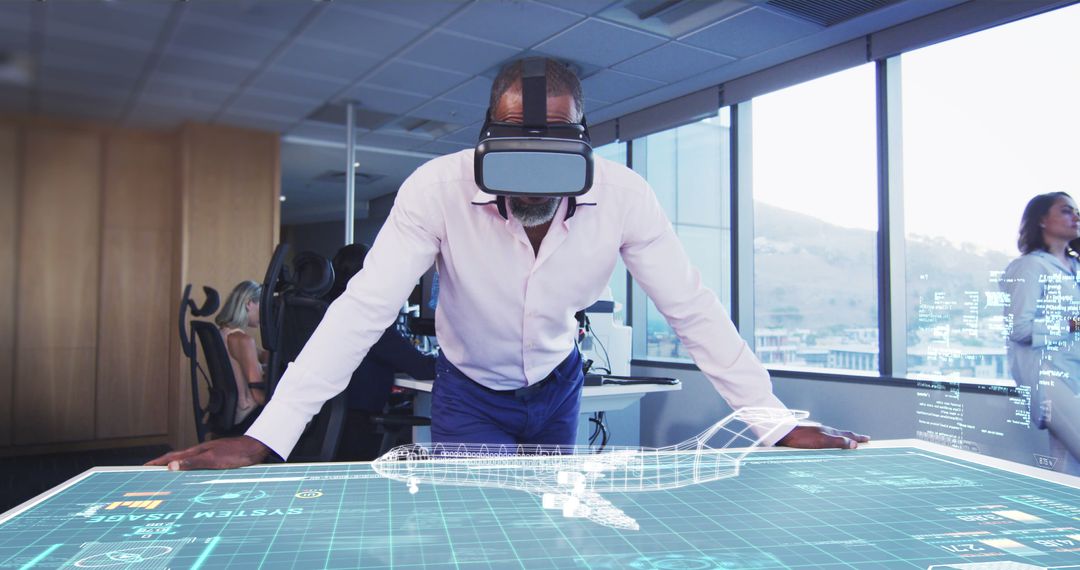 African American Man Explores 3D Plane Model with VR Headset in Office