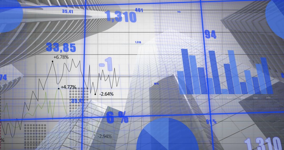Financial Growth Analytics Overlay on Skyscrapers