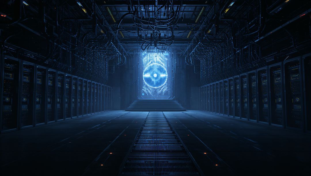 Pulsating Blue Portal in Futuristic Tech Hallway