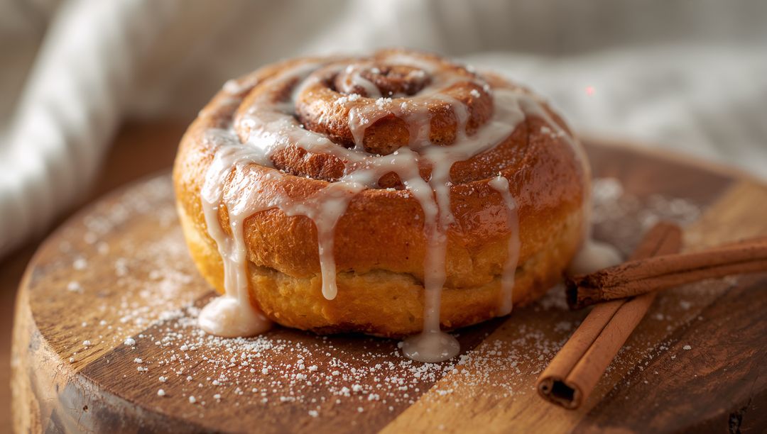 Cinnamon Roll Dripping Vanilla Glaze on Rustic Wooden Board with Cinnamon Sticks