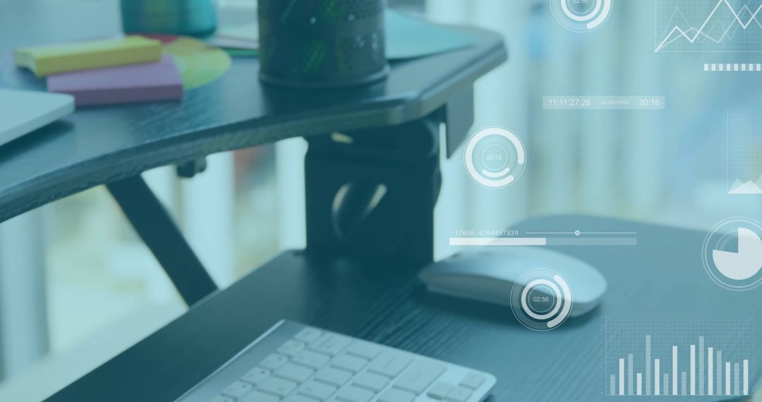 Modern Office Desk with Data Processing Holograms