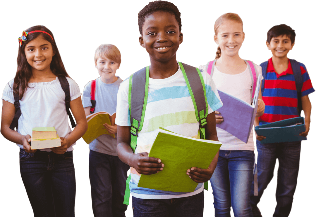 Diverse Group of Students with Backpacks and Books Transparent Background