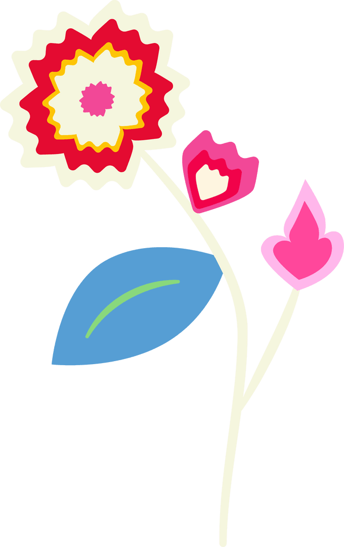 Colorful Geometric Flower with Blue Leaf on Transparent Background