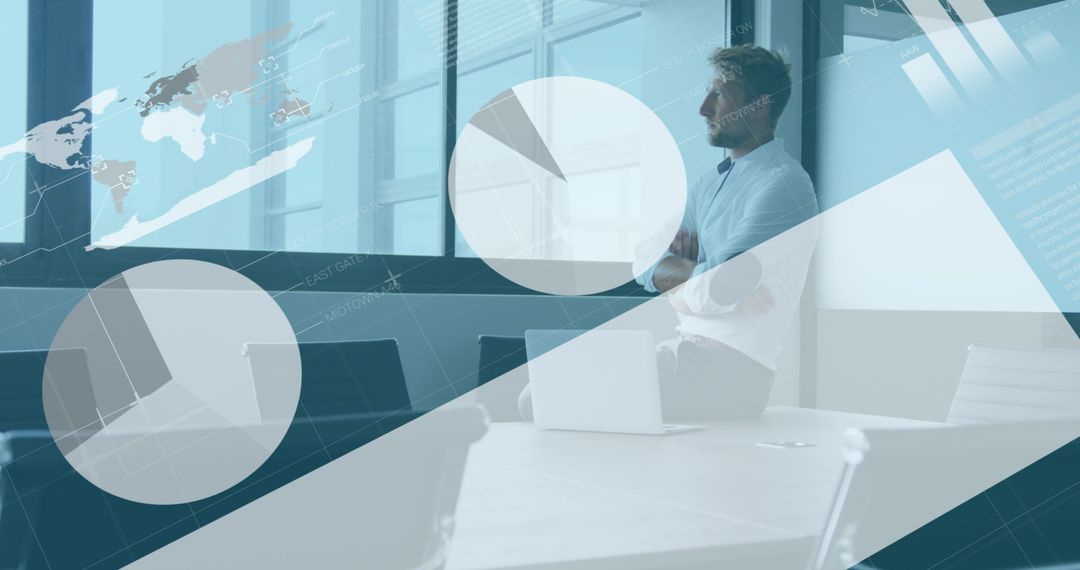 Businessman Surrounded by Financial Data and Charts in Modern Office