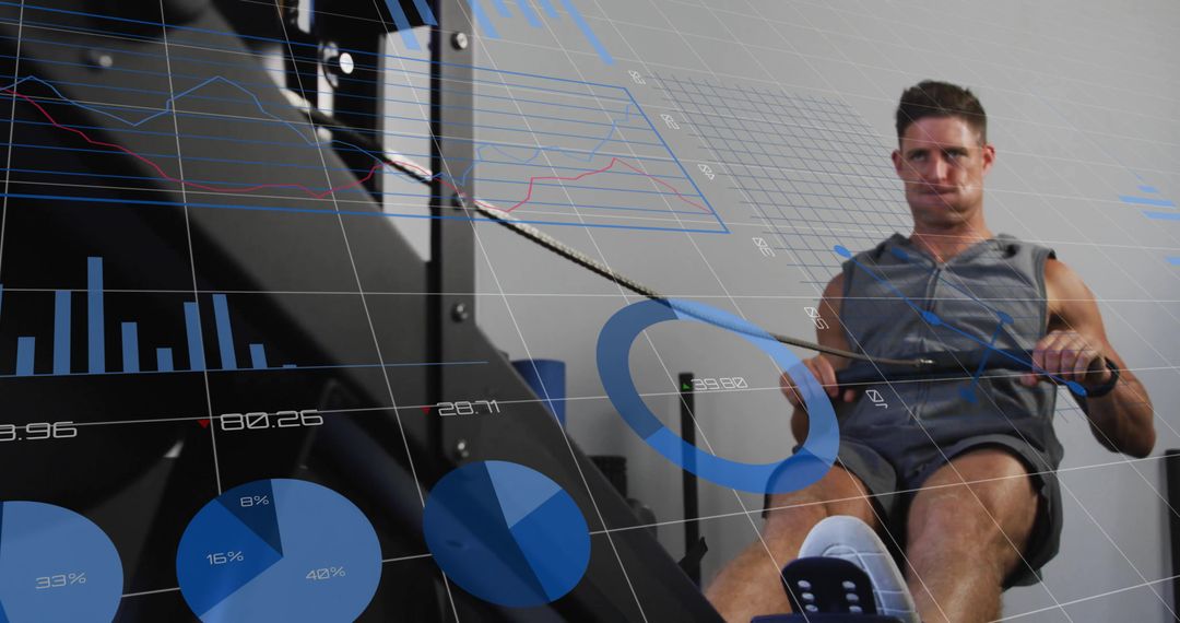 Man on rowing machine with overlayed fitness data and graphs