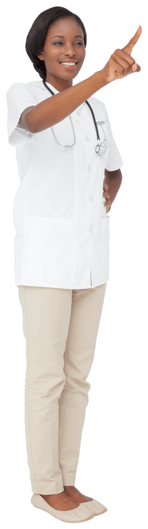 Smiling African American Female Doctor Pointing with Transparent Background