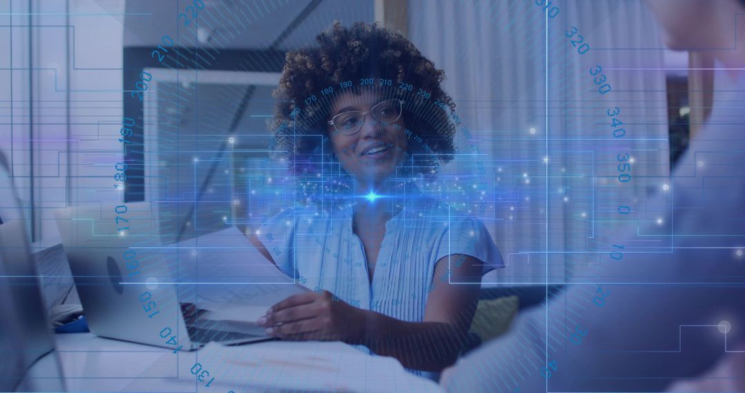 Professional Woman Analyzing Documents with Holographic Display