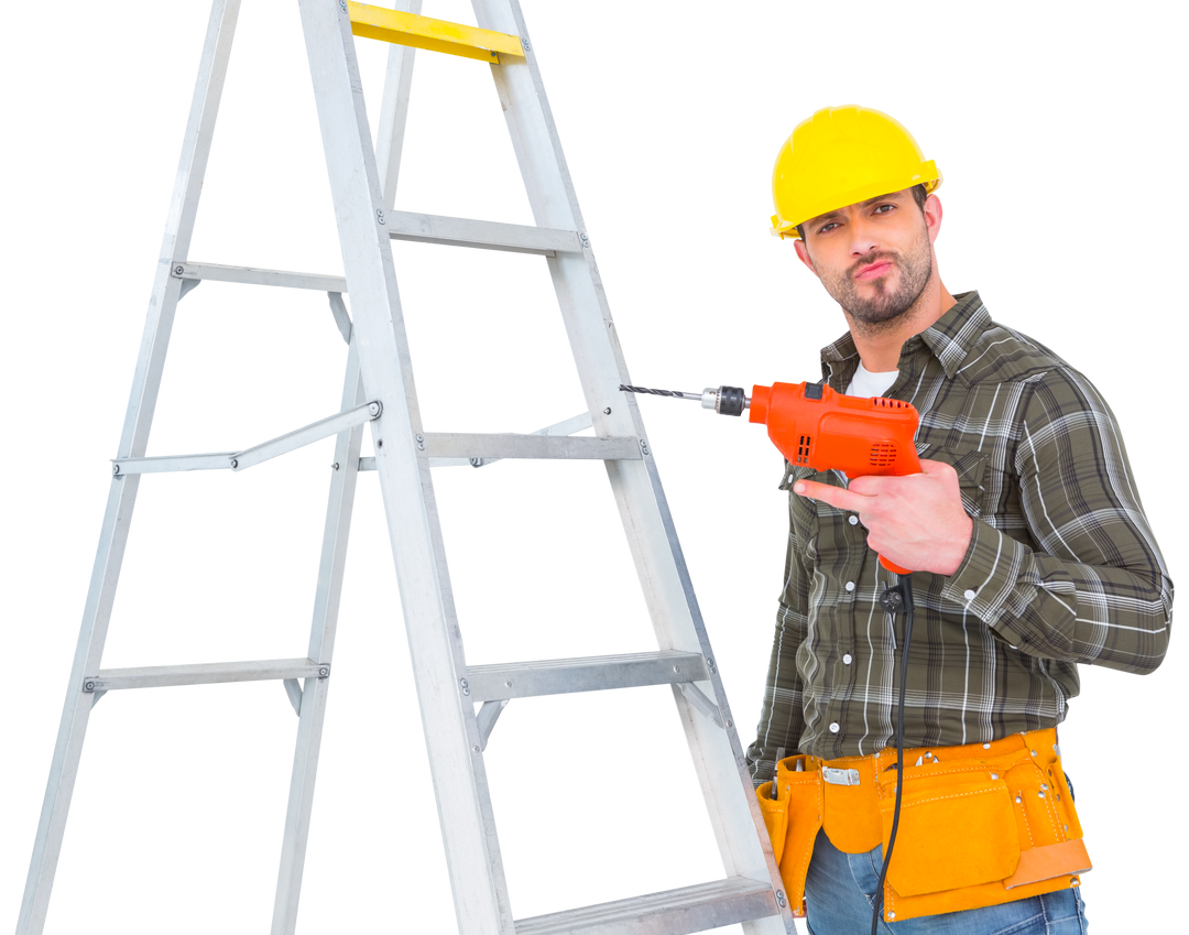 Transparent Image Handyman Holding Power Drill Standing by Ladder - Download Free Stock Images Pikwizard.com