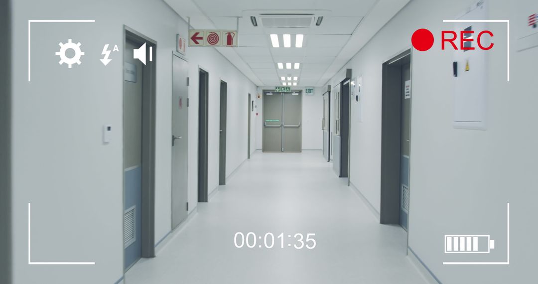 Surveillance View of Empty Hospital Corridor with Digital Overlay