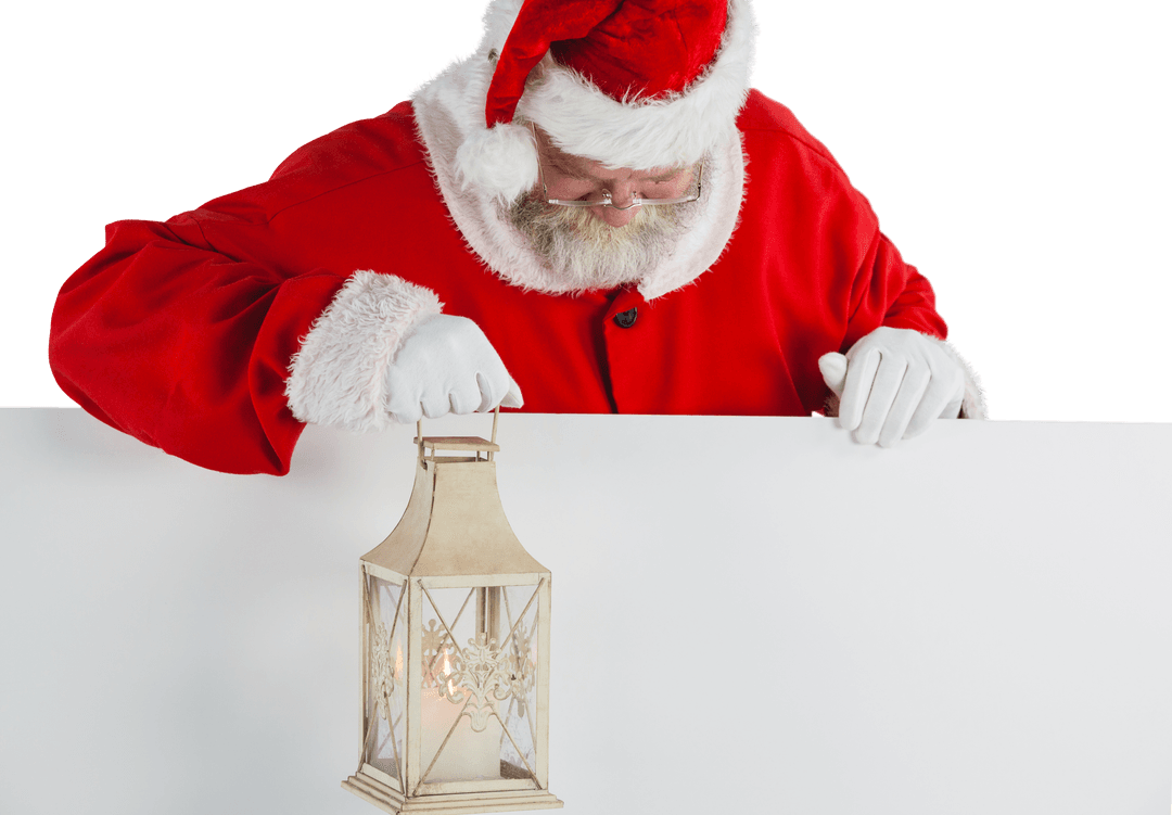 Transparent Santa Claus Holding Christmas Lantern Behind Blank Board