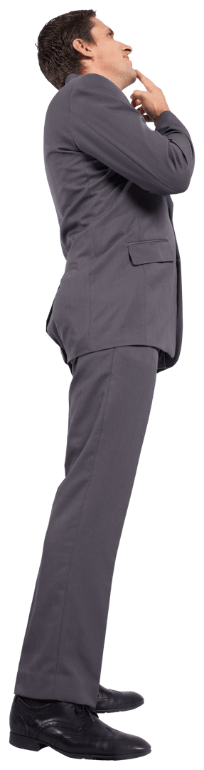 Transparent Thinking Businessman in Gray Suit Gazing Up