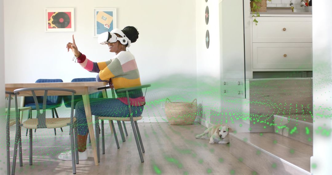 Woman Exploring Virtual Map with VR Headset at Home with Relaxing Puppy