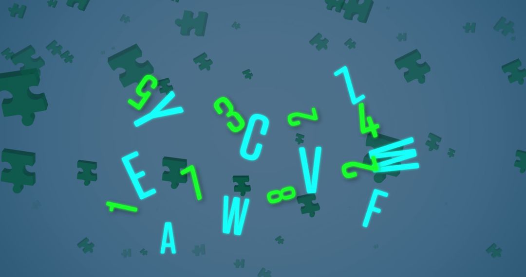 Floating Green Puzzle Pieces and Letters Over Blue Backdrop