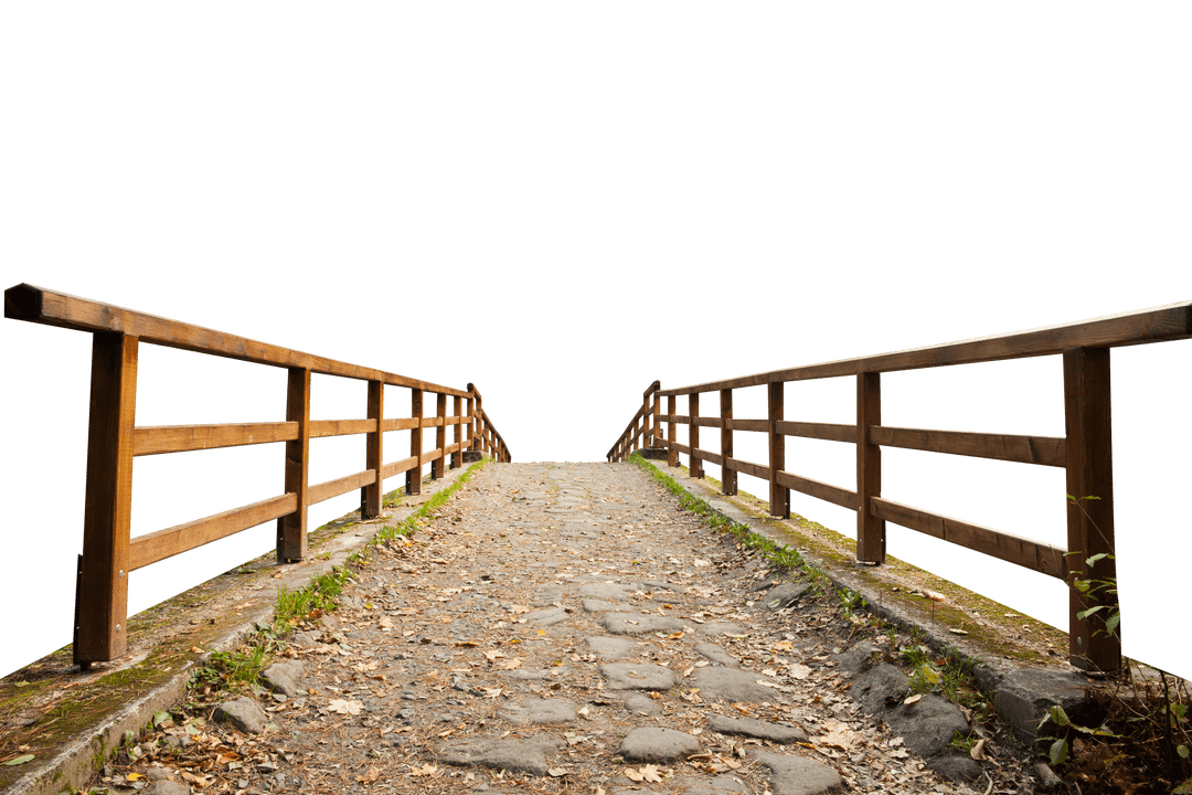 Old Stone Bridge with Wooden Railings on Transparent Background