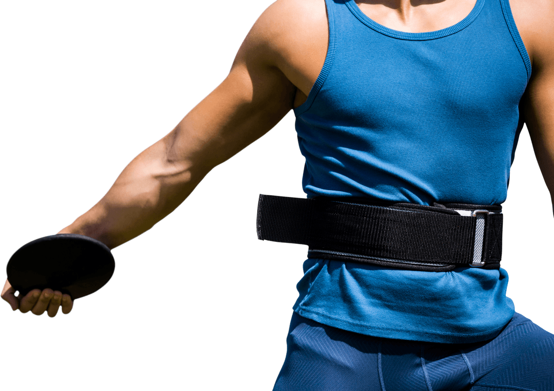 Caucasian Sportsman with Disc and Weight Belt on Transparent Background