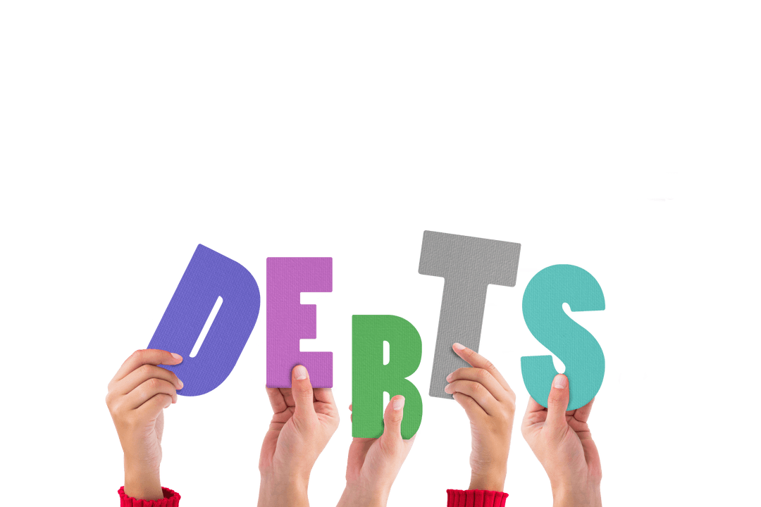 Hands Holding Debts Text on Transparent Background