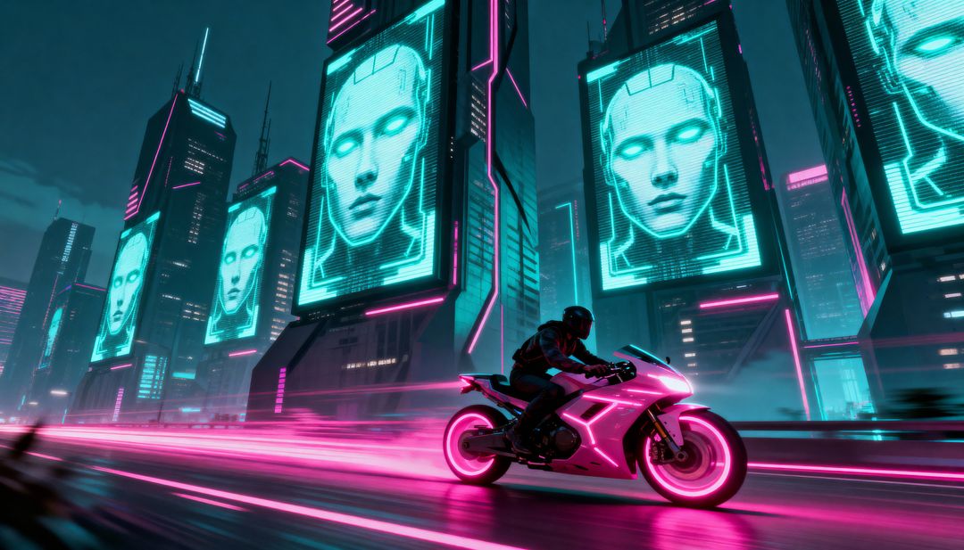 Cyberpunk Neon Motorcycle Racing Through Futuristic Cityscape with Glowing AI Faces