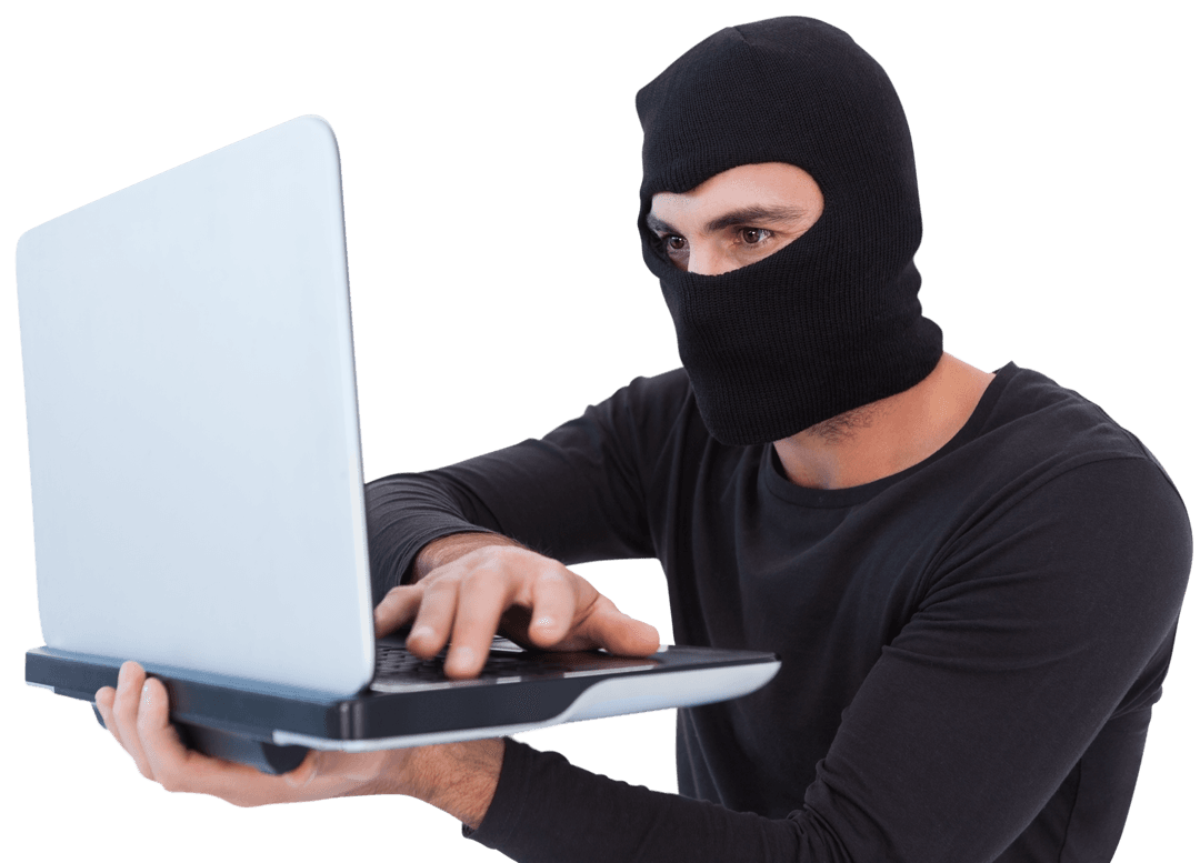 Transparent Concept of Hacker in Mask Holding Laptop