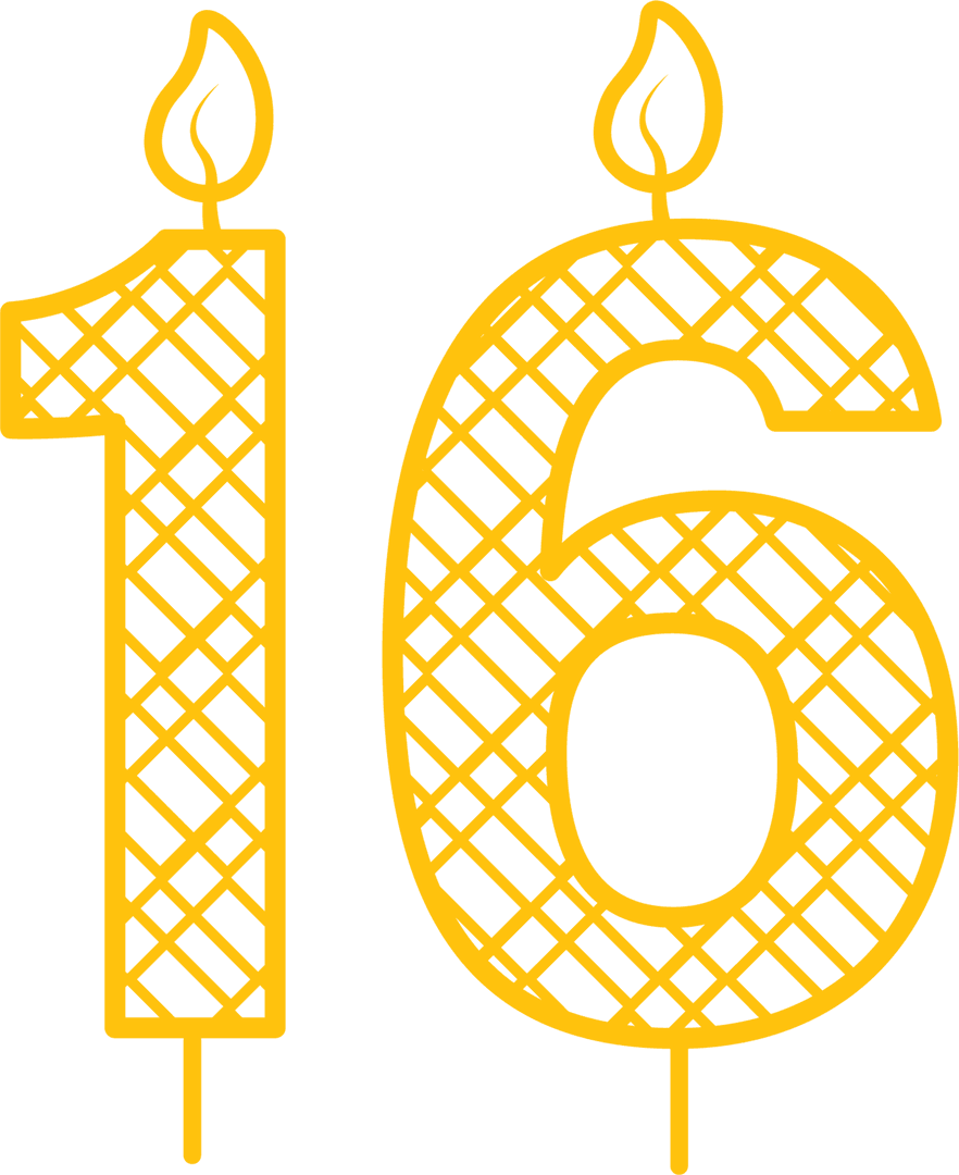 Yellow Number 16 Candle Illustration on Transparent Background