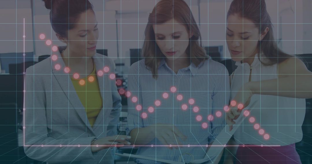 Business Team Discussing Analytics with Technology Overlay