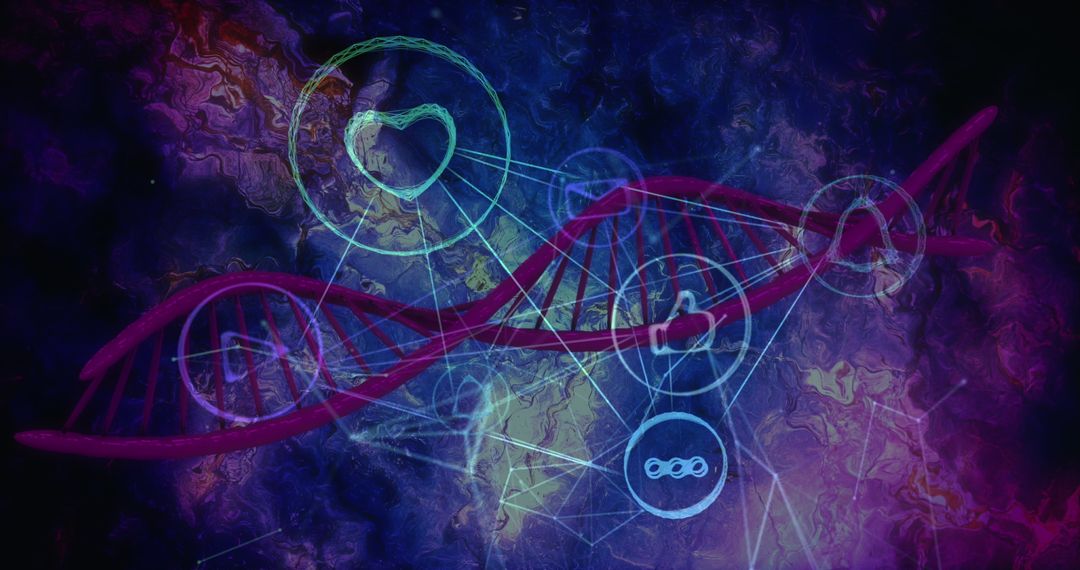 Futuristic DNA Strand with Digital Heart Interfaces in Blue