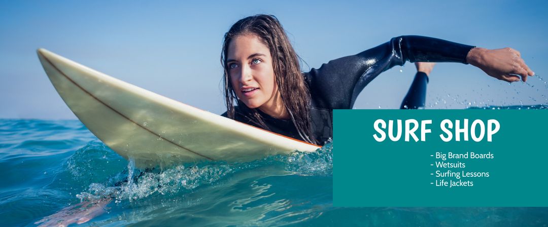 Portrait of Female Surfer on Surfboard in Ocean Promoting Surf Shop - Download Free Stock Templates Pikwizard.com