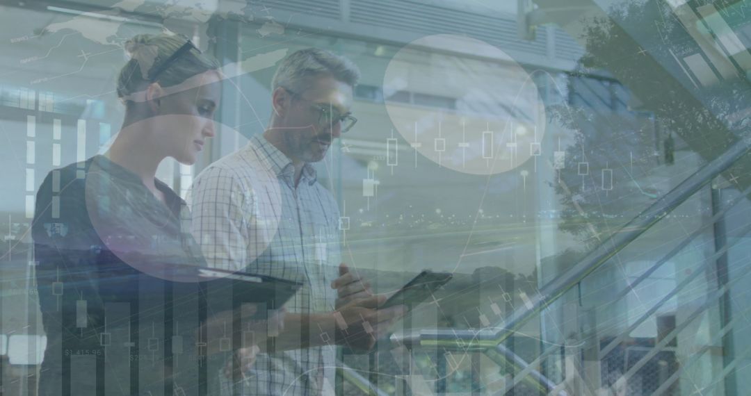 Colleagues Discussing Work with Data Overlay