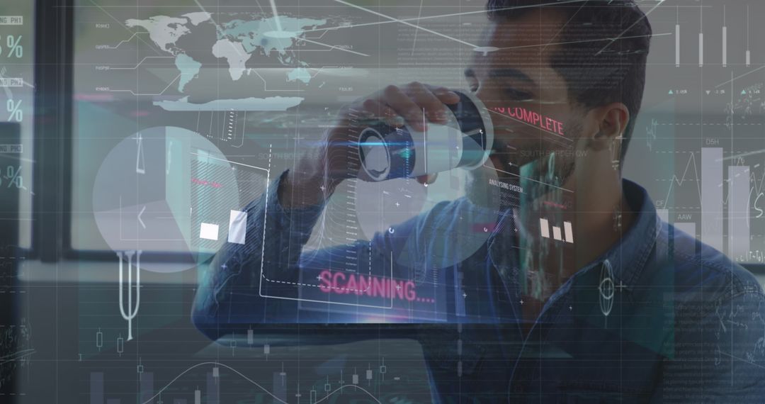 Businessman Analyzing Digital Data Visualization Futuristic Overlay