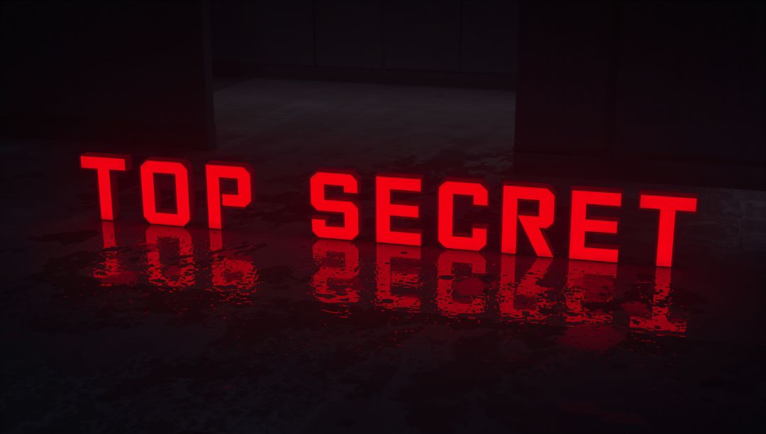 Glowing TOP SECRET Neon Letters Reflecting on Wet Concrete Floor in Industrial Warehouse