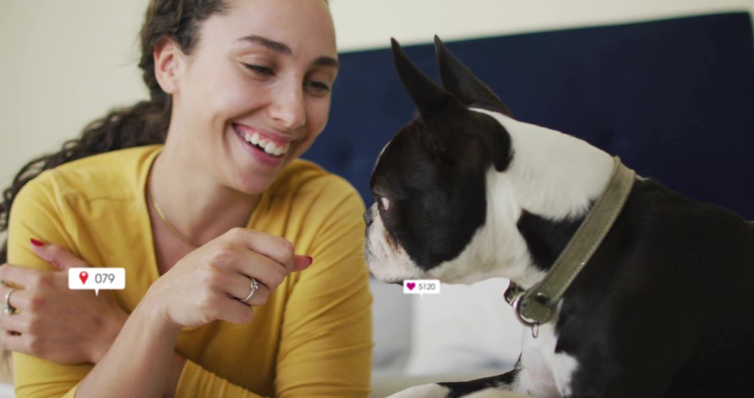 Happy Woman with Dog, Social Media Interaction Displayed