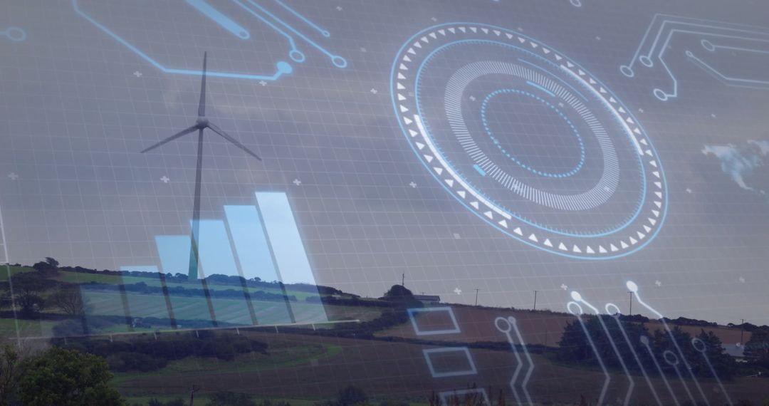 Futuristic Data Visualization Over Wind Turbine Landscape