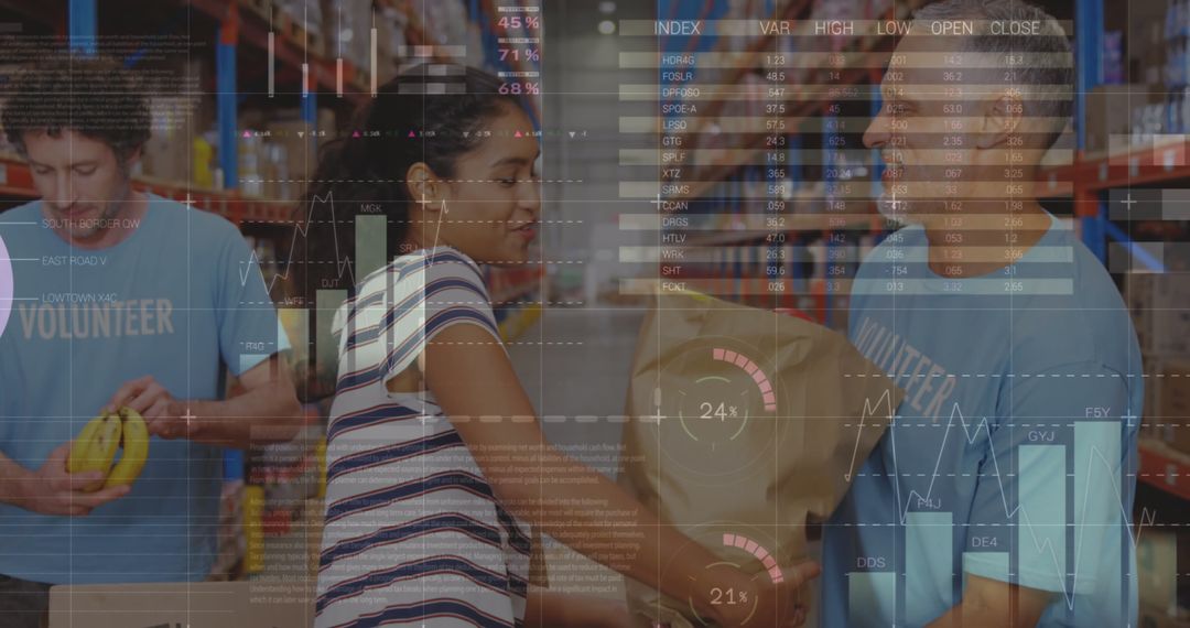 Volunteers Sorting Donations with Overlay of Logistics Data