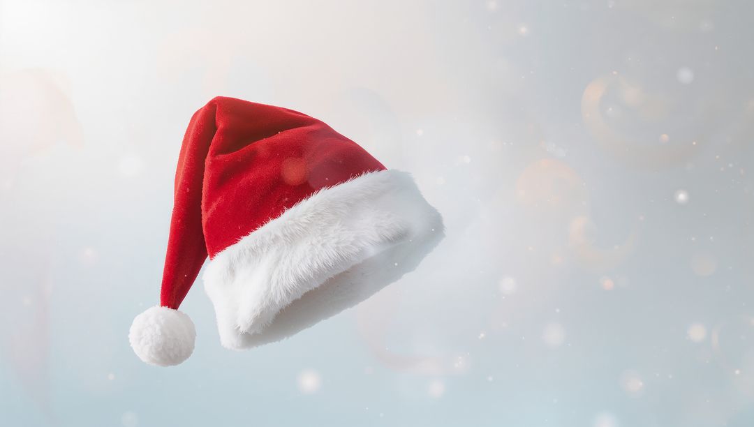 Floating Santa Hat with White Fur Pom-Pom over Soft Pastel Bokeh Background