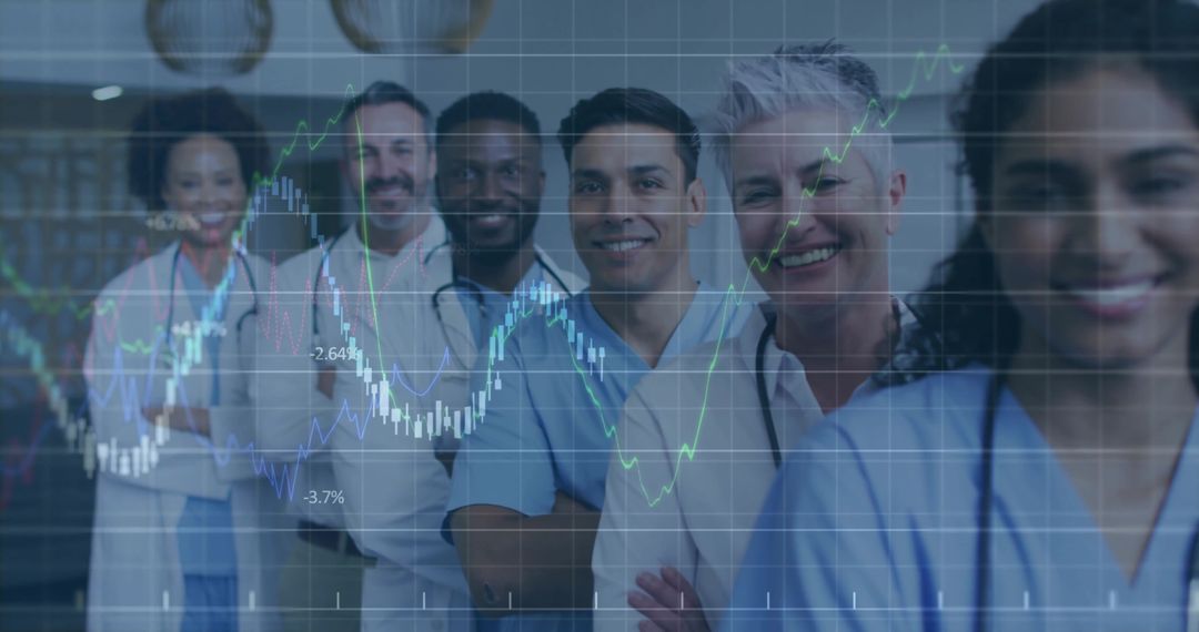 Healthcare Team with Data Analytics and Chart Overlay in Hospital Corridor