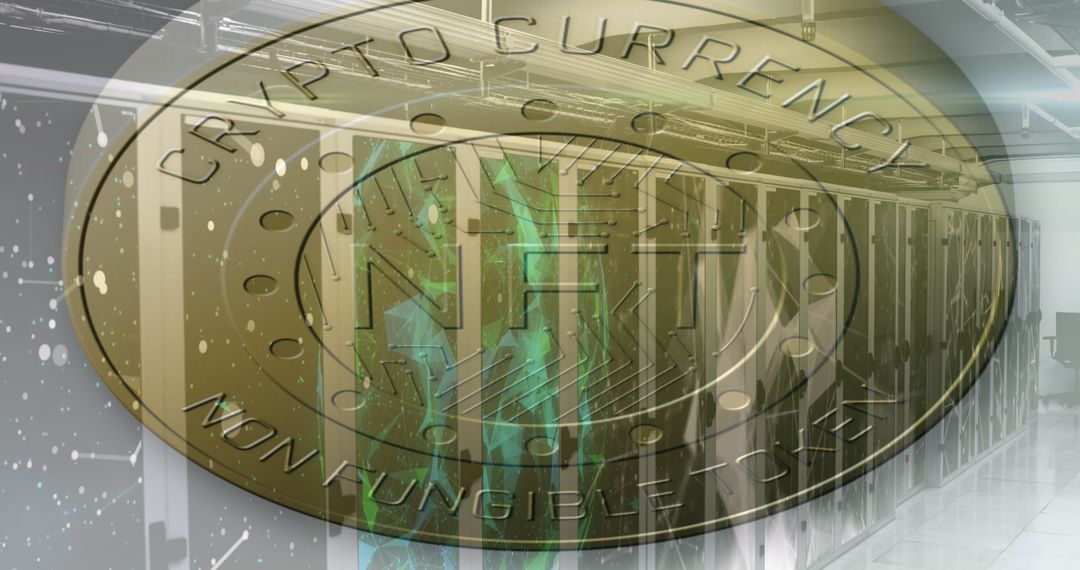 NFT Digital Coin Overlaying Server Room Symbolizing Crypto Success