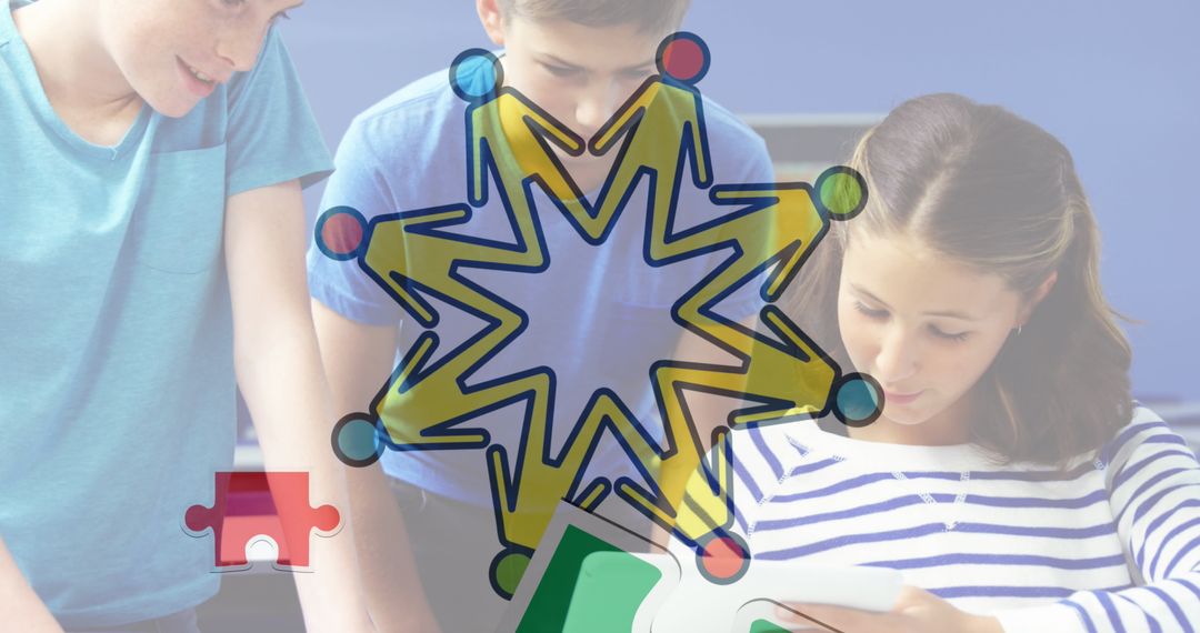 Diverse Schoolchildren Collaborating with Autism Awareness Symbols