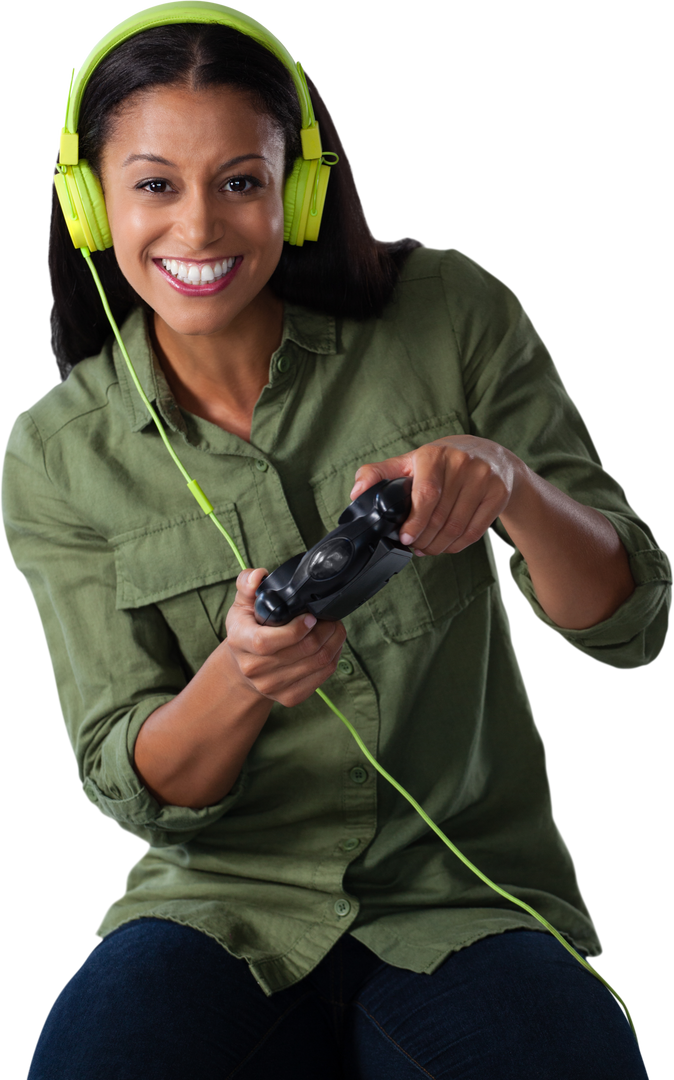 Smiling African American Woman Wearing Neon Headphones Playing Video Game on Transparent Background - Download Free Stock Images Pikwizard.com