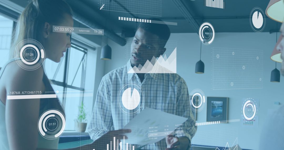 Diverse Team Discusses Data and Documents in Modern Office