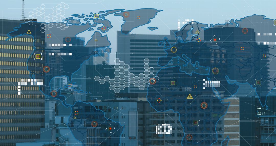 World Map with Digital Data Overlay Urban Cityscape