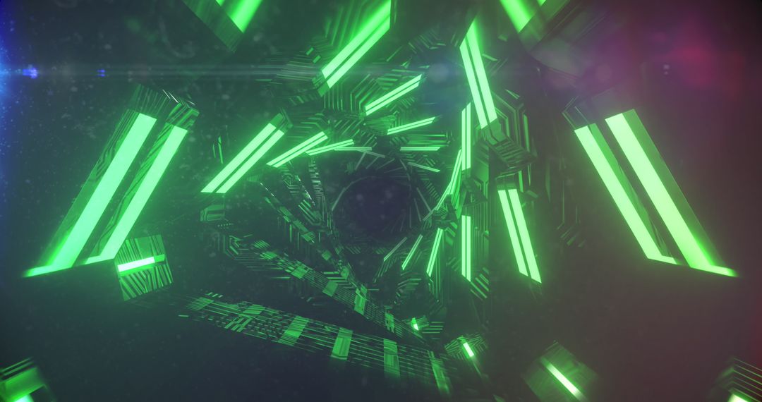 Futuristic Tunnel with Glowing Green Lights and Geometric Patterns