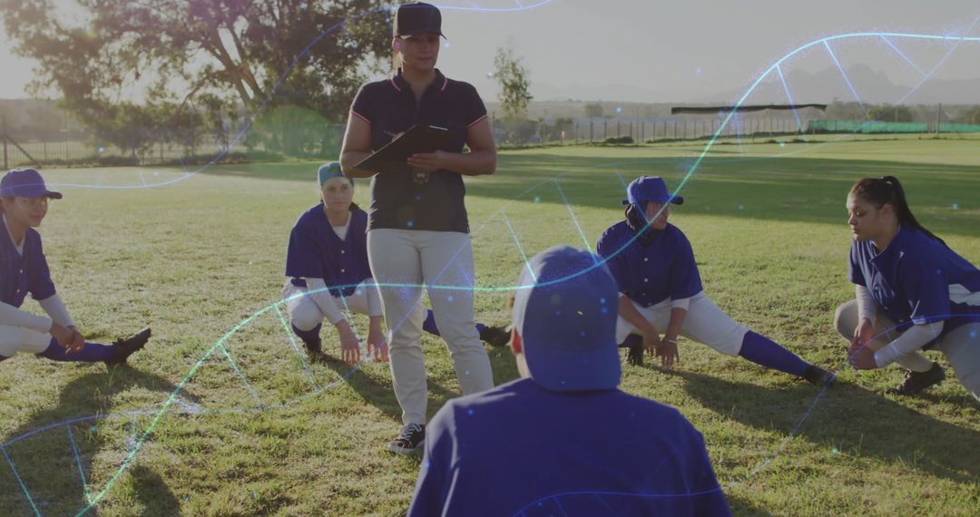 Baseball Team Training with Coach and Data Overlay