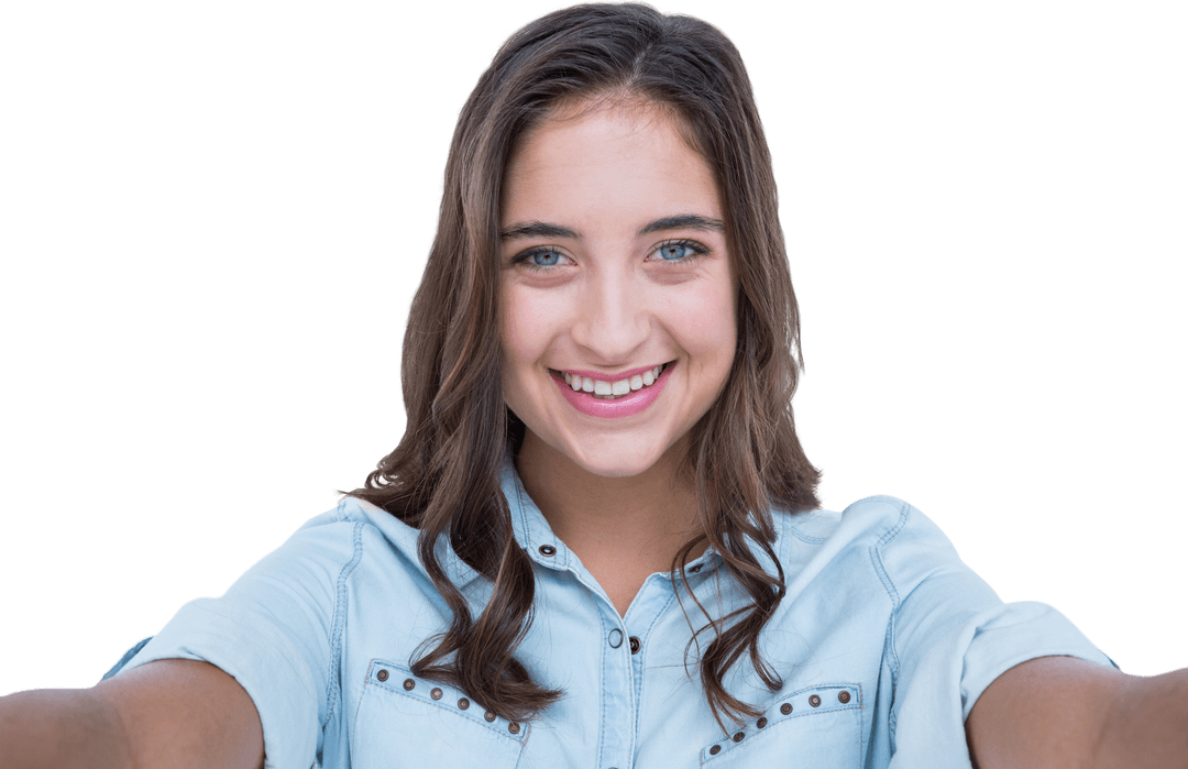 Smiling Young Woman Taking Selfie Against Transparent Background