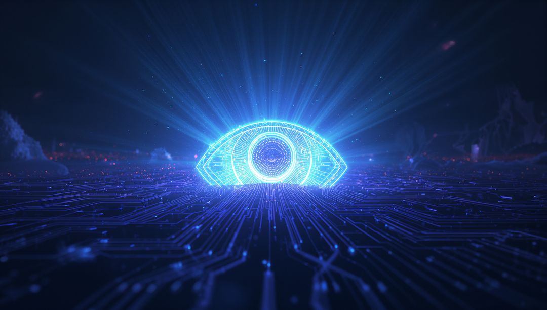 Neon Blue Eye Symbolizing Digital Vision in Cybernetic Space