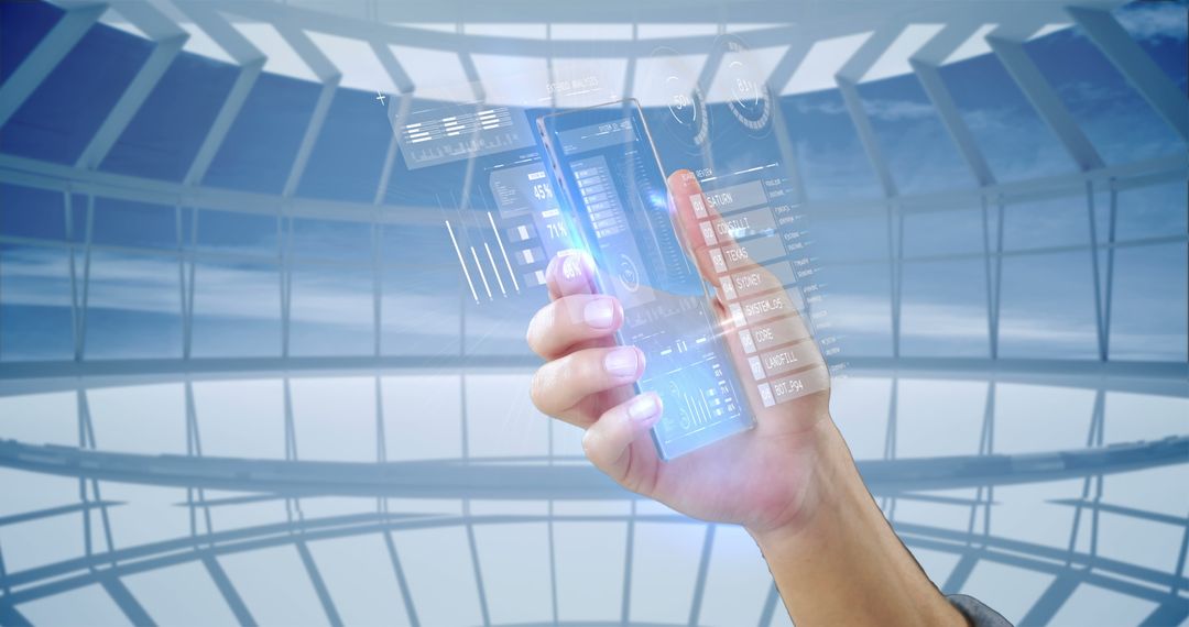 Holding Transparent Smartphone with Futuristic Digital Interface