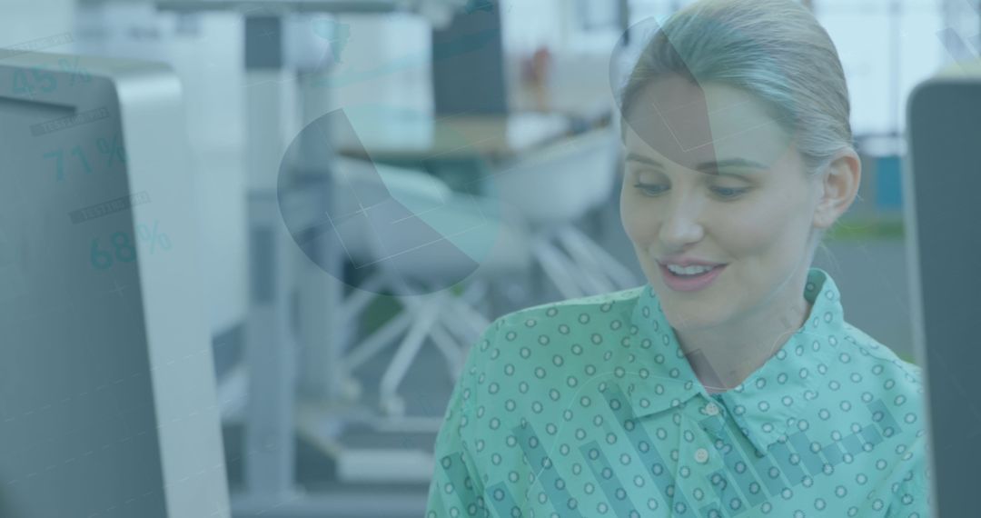 Smiling Businesswoman Working in Modern Office with Data Overlay